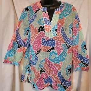 Talbots Petites Pink Blue Floral Print Top Cotton Breezy Popover Tunic Size LP